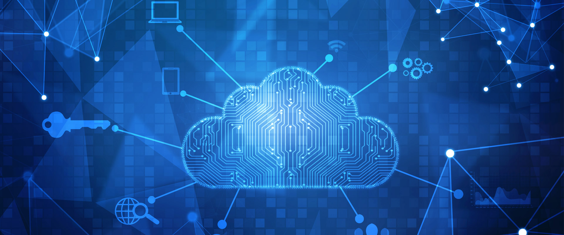 Digitale Cloud aus Leiterbahnen, vernetzt mit Symbolen für Geräte und Daten